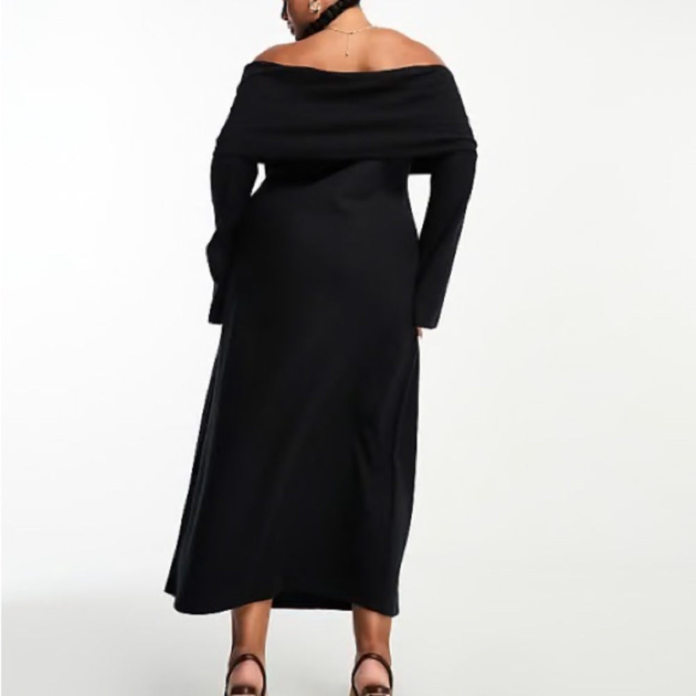 ASOS DESIGN Curve supersoft bardot midi dress with flare sleeve in black - BLACK